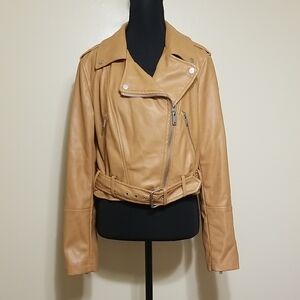 Avec Les Filles Women's Tan Cropped Faux Leather Moto Jacket Fall Winter Medium